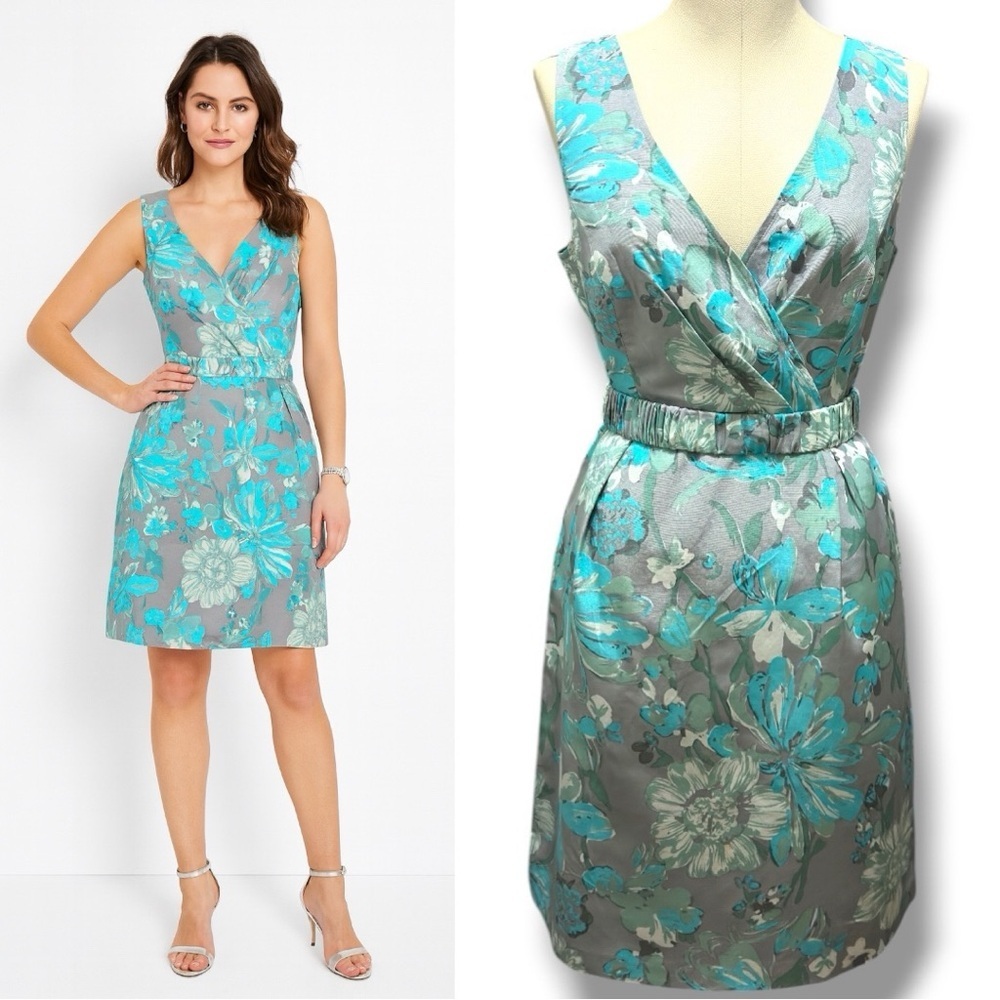 447 Halogen | NWOT Gray Teal Floral Cotton Silk Sleeveless Belted Dress (Size 2)